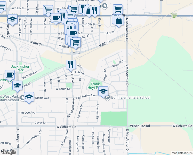 map of restaurants, bars, coffee shops, grocery stores, and more near 234 Dale Odell Drive in Tracy
