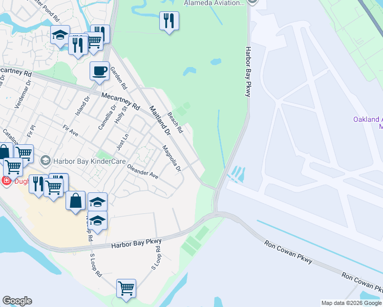 map of restaurants, bars, coffee shops, grocery stores, and more near 354 Maitland Drive in Alameda
