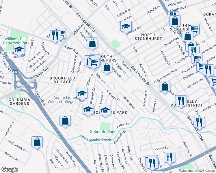 map of restaurants, bars, coffee shops, grocery stores, and more near 10800 Edes Avenue in Oakland