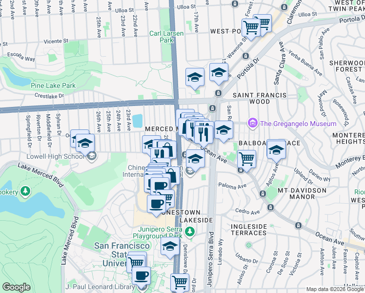 map of restaurants, bars, coffee shops, grocery stores, and more near 3060 19th Avenue in San Francisco