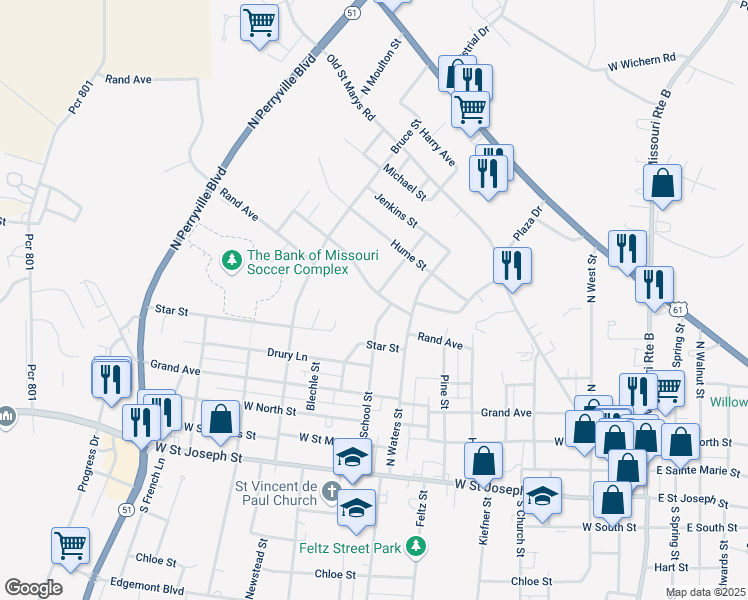 map of restaurants, bars, coffee shops, grocery stores, and more near 412 School Street in Perryville