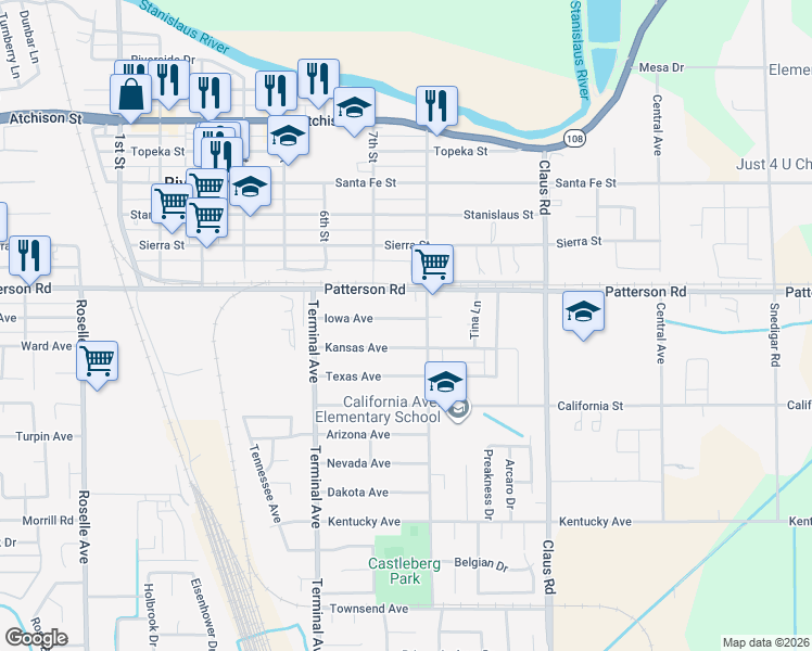 map of restaurants, bars, coffee shops, grocery stores, and more near 3742 Iowa Avenue in Riverbank