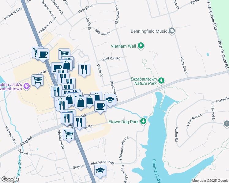 map of restaurants, bars, coffee shops, grocery stores, and more near 1608 Nightingale Drive in Elizabethtown