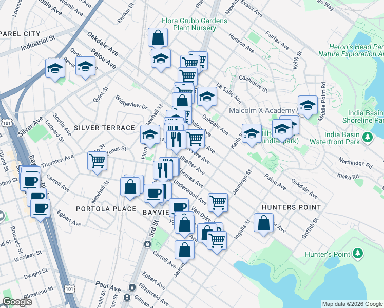 map of restaurants, bars, coffee shops, grocery stores, and more near 1615 Shafter Avenue in San Francisco