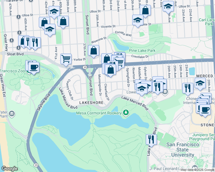 map of restaurants, bars, coffee shops, grocery stores, and more near 139 Clearfield Drive in San Francisco