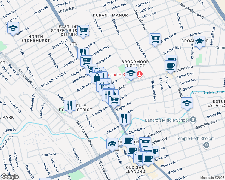 map of restaurants, bars, coffee shops, grocery stores, and more near 19 Dutton Avenue in San Leandro