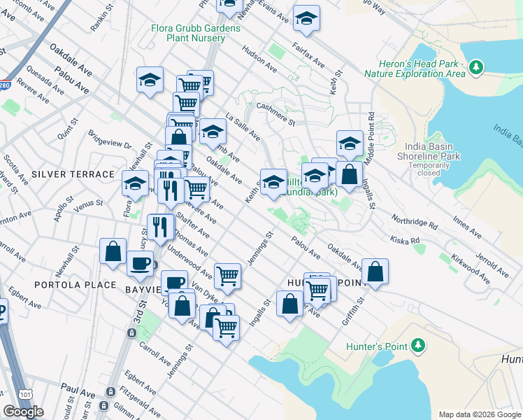 map of restaurants, bars, coffee shops, grocery stores, and more near 1448 Quesada Avenue in San Francisco