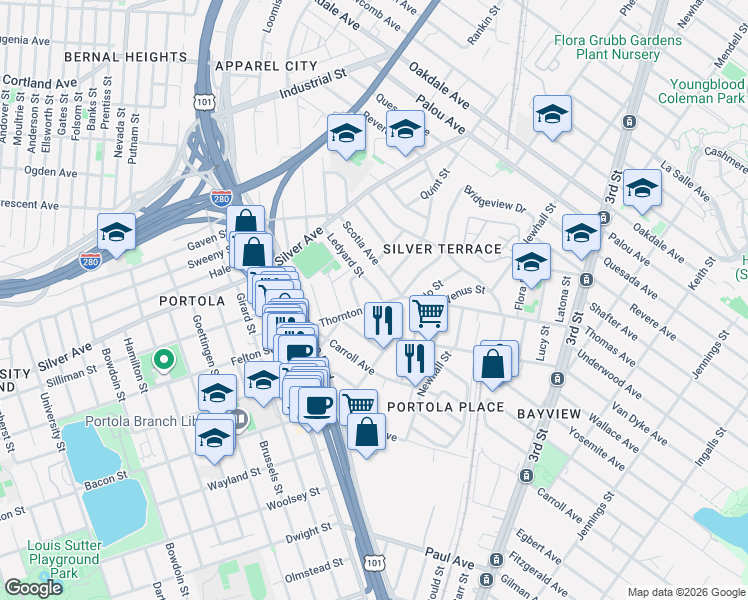 map of restaurants, bars, coffee shops, grocery stores, and more near 45 Vesta Street in San Francisco