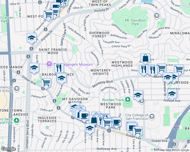 map of restaurants, bars, coffee shops, grocery stores, and more near 1050 Monterey Boulevard in San Francisco