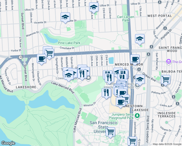 map of restaurants, bars, coffee shops, grocery stores, and more near 950 Eucalyptus Drive in San Francisco