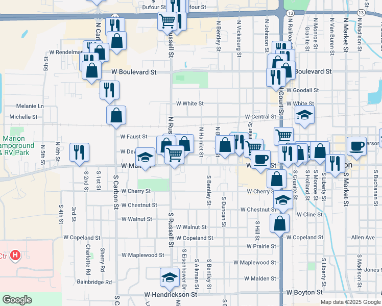 map of restaurants, bars, coffee shops, grocery stores, and more near 1304 West Main Street in Marion