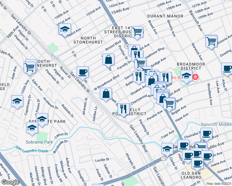 map of restaurants, bars, coffee shops, grocery stores, and more near 391 Pleasant Way in San Leandro