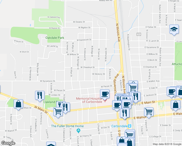 map of restaurants, bars, coffee shops, grocery stores, and more near 600 North Bridge Street in Carbondale