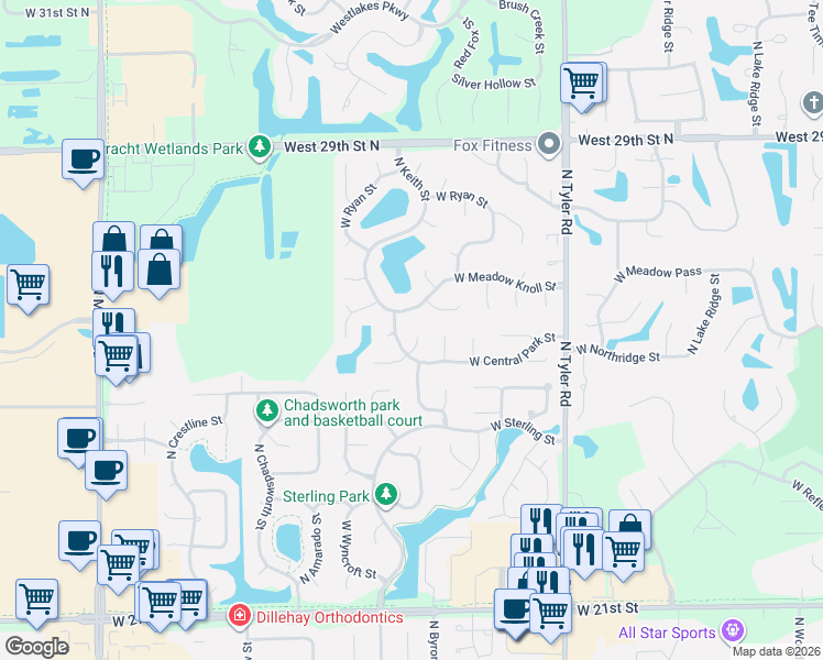map of restaurants, bars, coffee shops, grocery stores, and more near 2622 North Keith Court in Wichita