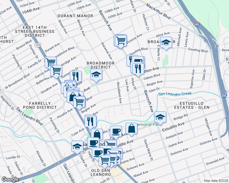 map of restaurants, bars, coffee shops, grocery stores, and more near 406 Begier Avenue in San Leandro