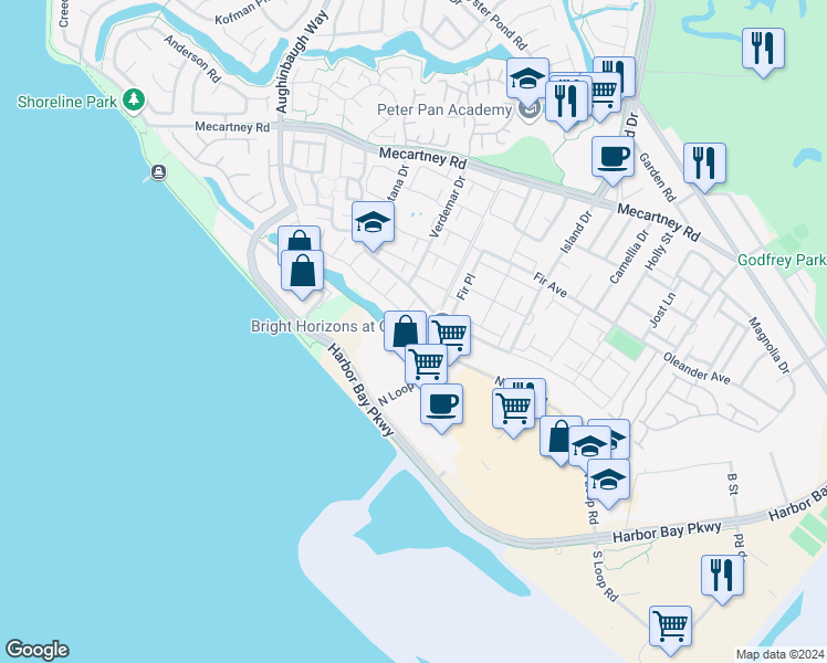 map of restaurants, bars, coffee shops, grocery stores, and more near 268 Ratto Road in Alameda
