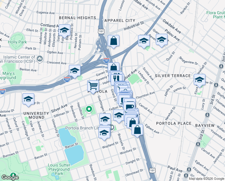 map of restaurants, bars, coffee shops, grocery stores, and more near 101 Girard Street in San Francisco