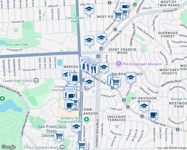 map of restaurants, bars, coffee shops, grocery stores, and more near 300 Junipero Serra Boulevard in San Francisco