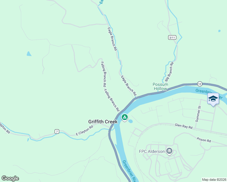 map of restaurants, bars, coffee shops, grocery stores, and more near 445 Falling Branch Road in Alderson