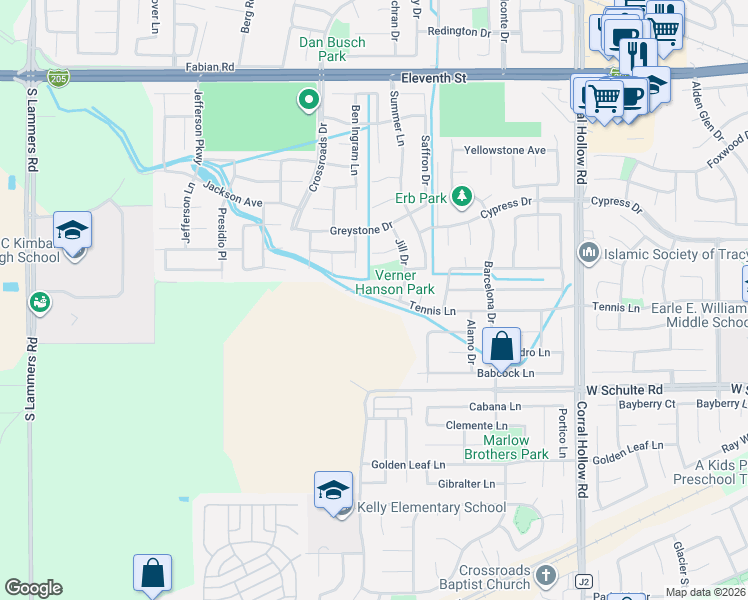 map of restaurants, bars, coffee shops, grocery stores, and more near 2542 Tennis Lane in Tracy