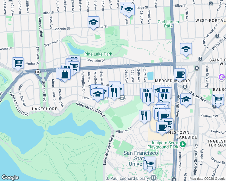 map of restaurants, bars, coffee shops, grocery stores, and more near 1100 Eucalyptus Drive in San Francisco