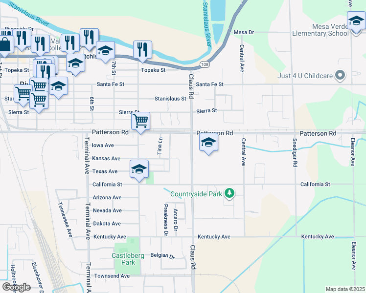 map of restaurants, bars, coffee shops, grocery stores, and more near 6261 Claus Road in Riverbank