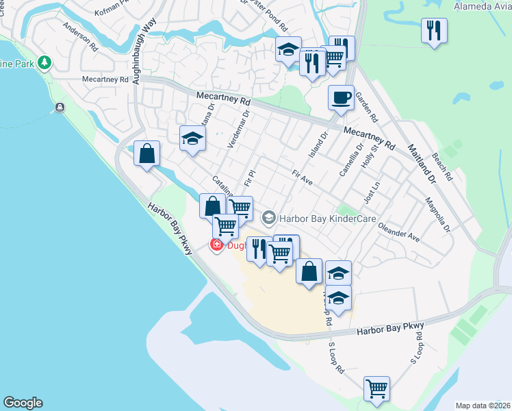 map of restaurants, bars, coffee shops, grocery stores, and more near 2155 North Loop Road in Alameda