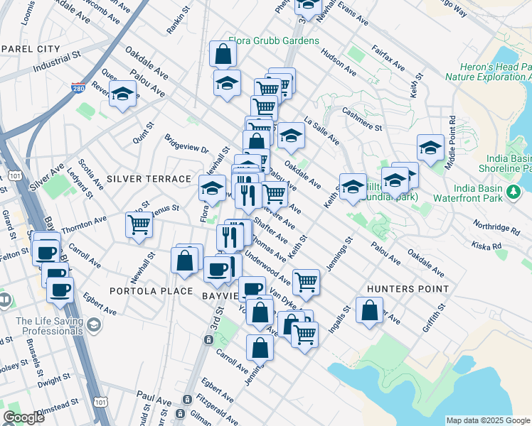 map of restaurants, bars, coffee shops, grocery stores, and more near 1615 Shafter Avenue in San Francisco