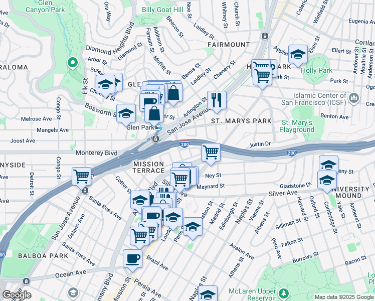 map of restaurants, bars, coffee shops, grocery stores, and more near 100 Lyell Street in San Francisco