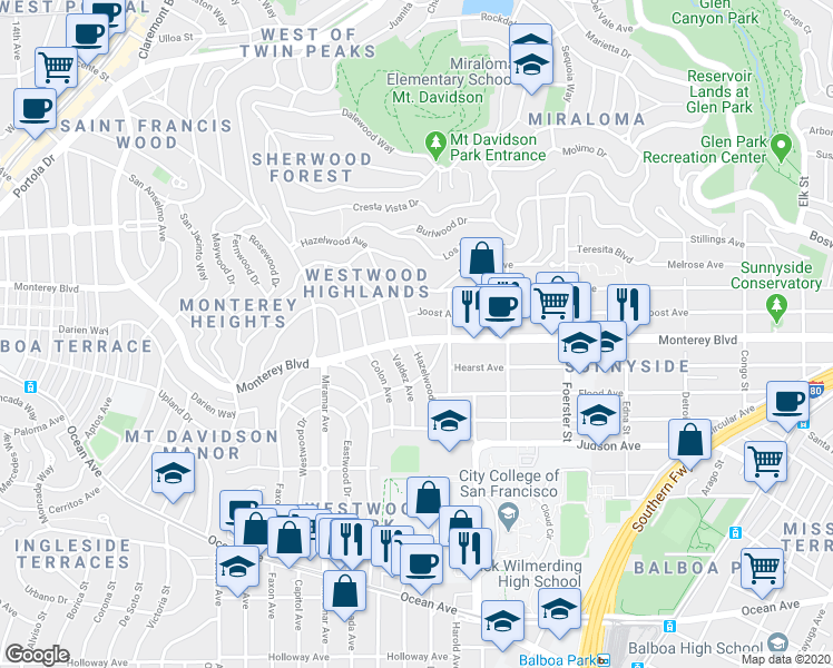 map of restaurants, bars, coffee shops, grocery stores, and more near 40 Montecito Avenue in San Francisco
