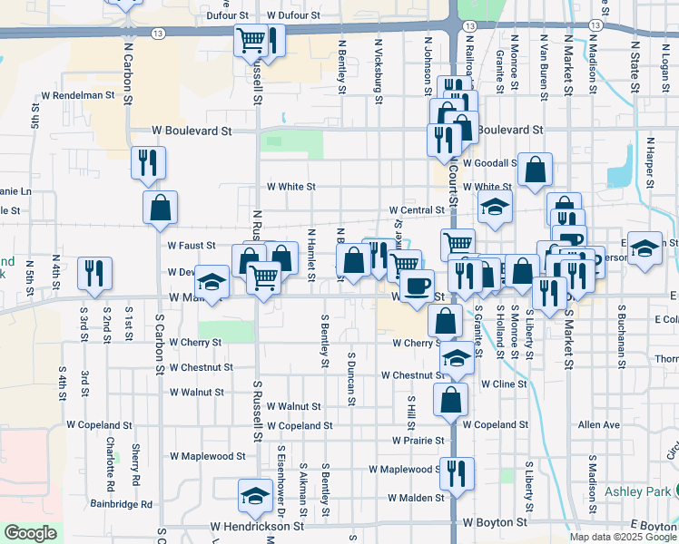 map of restaurants, bars, coffee shops, grocery stores, and more near 106 North Bentley Street in Marion