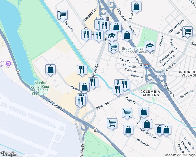 map of restaurants, bars, coffee shops, grocery stores, and more near 20 Hegenberger Place in Oakland