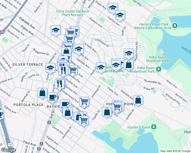 map of restaurants, bars, coffee shops, grocery stores, and more near 1448 Quesada Avenue in San Francisco