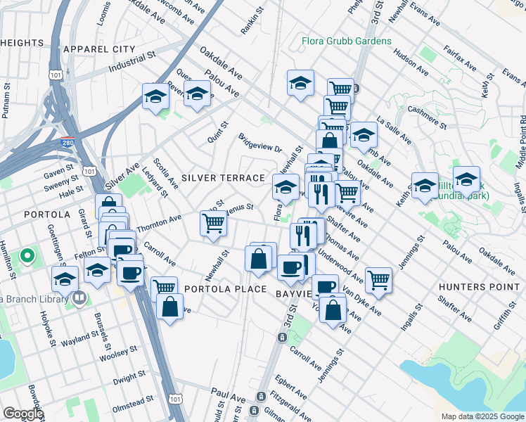 map of restaurants, bars, coffee shops, grocery stores, and more near 315 Topeka Avenue in San Francisco