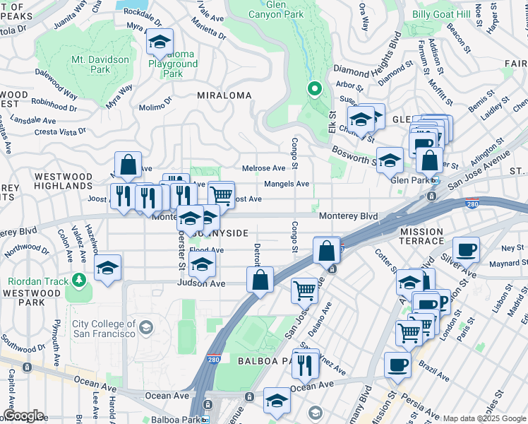 map of restaurants, bars, coffee shops, grocery stores, and more near 380 Monterey Blvd in San Francisco