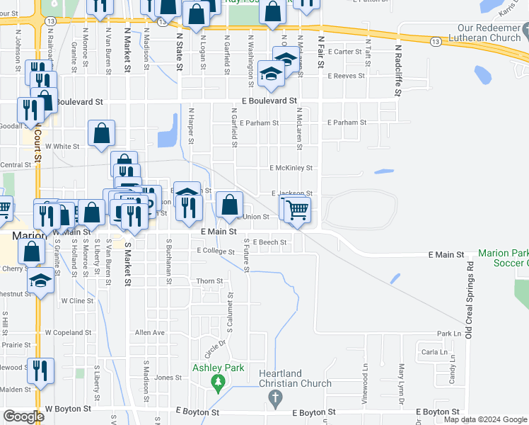 map of restaurants, bars, coffee shops, grocery stores, and more near 720 East Union Street in Marion
