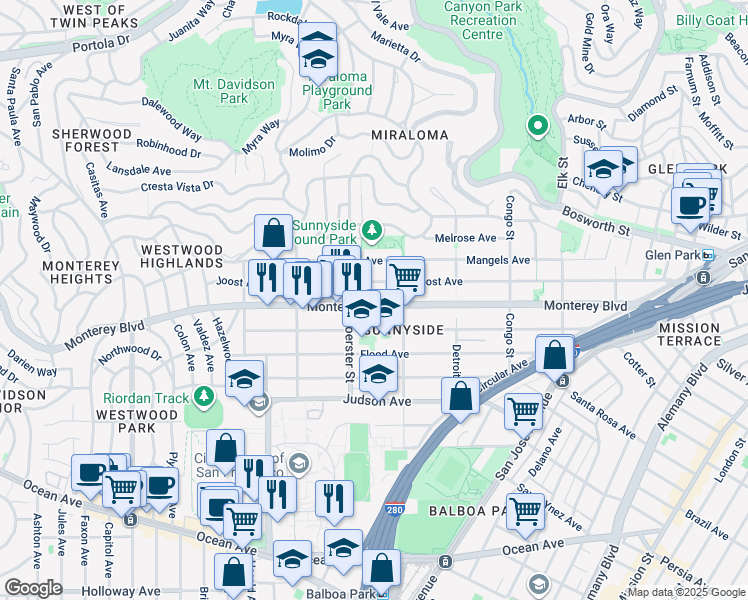 map of restaurants, bars, coffee shops, grocery stores, and more near 462 Hearst Avenue in San Francisco