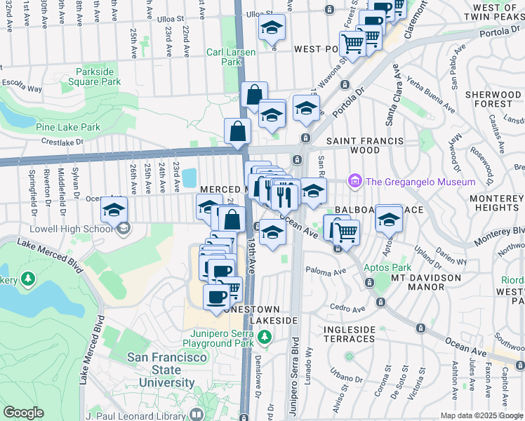 map of restaurants, bars, coffee shops, grocery stores, and more near 80 Lagunitas Drive in San Francisco