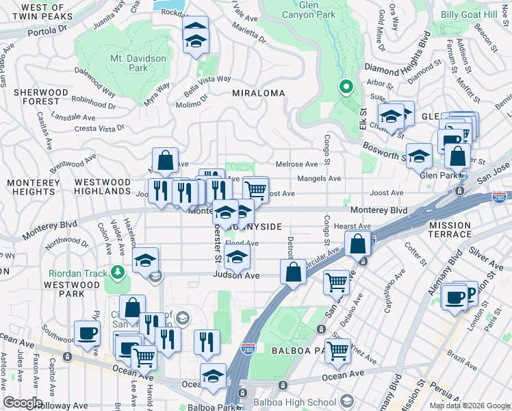 map of restaurants, bars, coffee shops, grocery stores, and more near 494 Monterey Boulevard in San Francisco