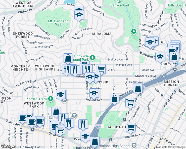 map of restaurants, bars, coffee shops, grocery stores, and more near 558 Joost Avenue in San Francisco