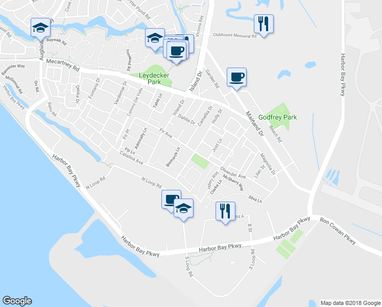 map of restaurants, bars, coffee shops, grocery stores, and more near 3350 Fir Avenue in Alameda