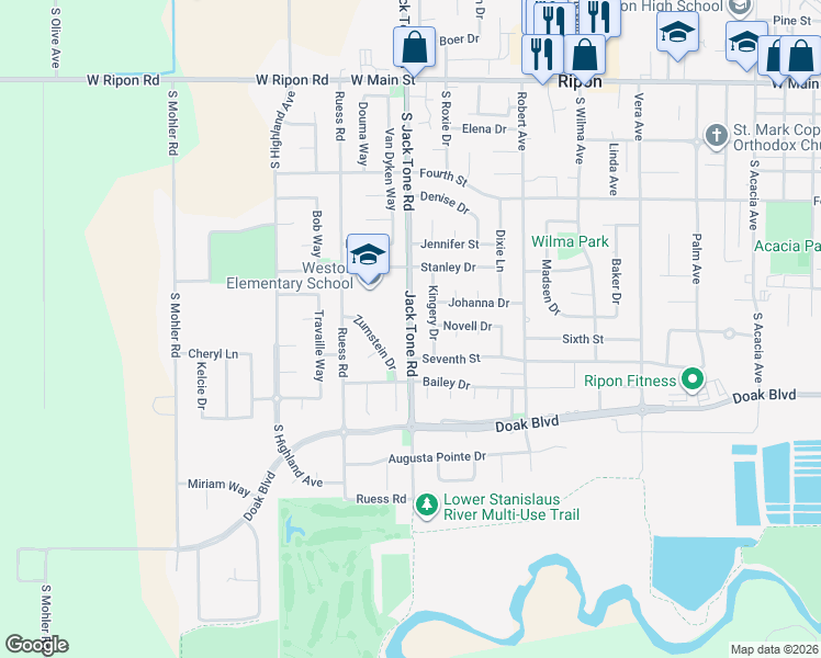 map of restaurants, bars, coffee shops, grocery stores, and more near Jack Tone Road in Ripon