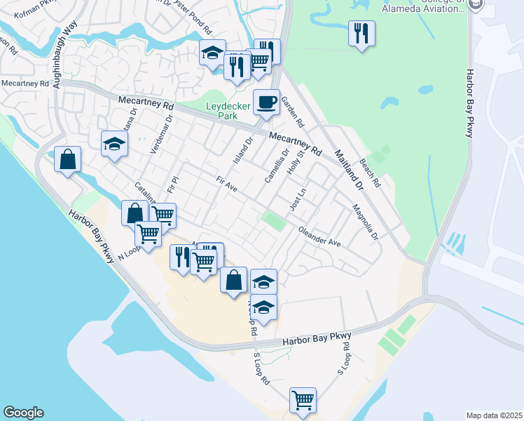 map of restaurants, bars, coffee shops, grocery stores, and more near 3350 Fir Avenue in Alameda
