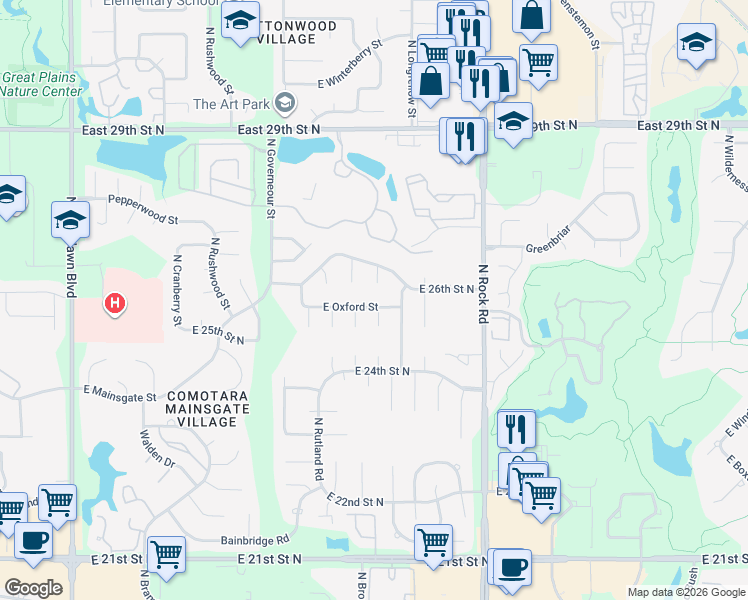map of restaurants, bars, coffee shops, grocery stores, and more near 7607 E 26th Ct N in Wichita
