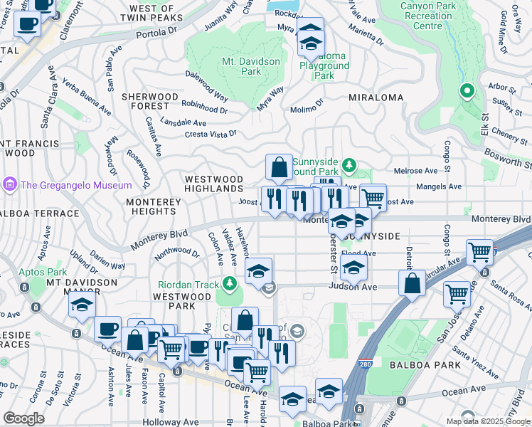 map of restaurants, bars, coffee shops, grocery stores, and more near 780 Monterey Boulevard in San Francisco