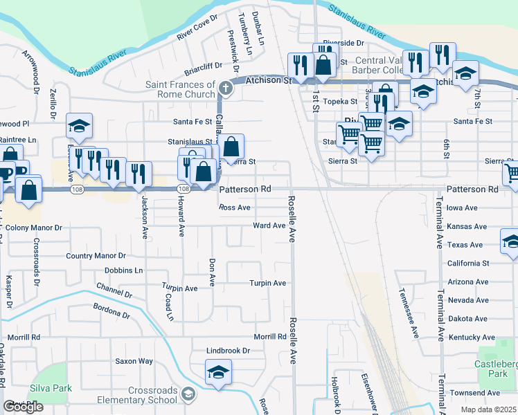 map of restaurants, bars, coffee shops, grocery stores, and more near 2916 Patterson Road in Riverbank