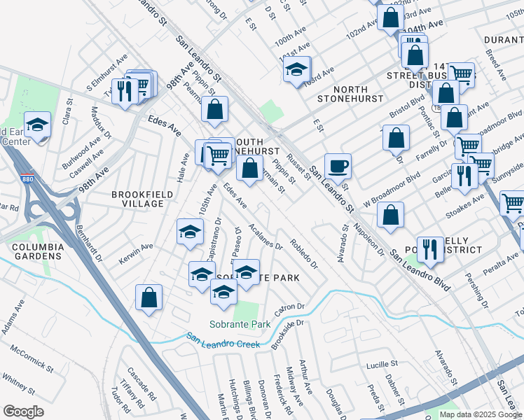 map of restaurants, bars, coffee shops, grocery stores, and more near 730 Edes Avenue in Oakland