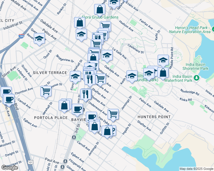 map of restaurants, bars, coffee shops, grocery stores, and more near 1600 Quesada Avenue in San Francisco