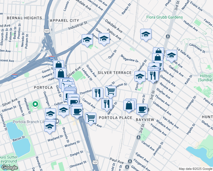 map of restaurants, bars, coffee shops, grocery stores, and more near 347 Bridgeview Drive in San Francisco