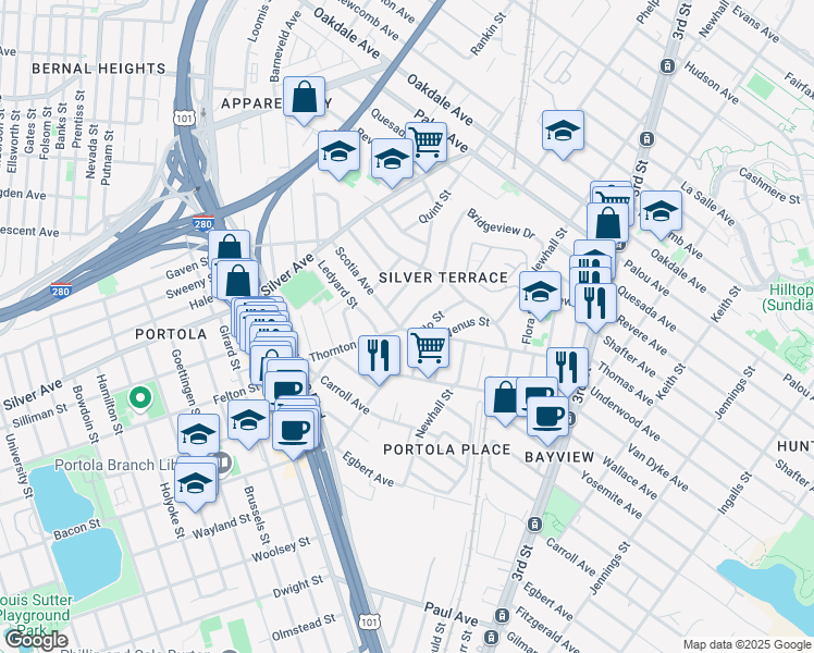map of restaurants, bars, coffee shops, grocery stores, and more near 347 Bridgeview Drive in San Francisco